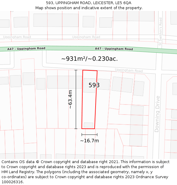 593, UPPINGHAM ROAD, LEICESTER, LE5 6QA: Plot and title map