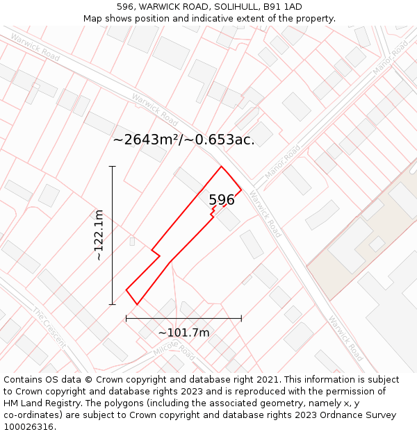 596, WARWICK ROAD, SOLIHULL, B91 1AD: Plot and title map