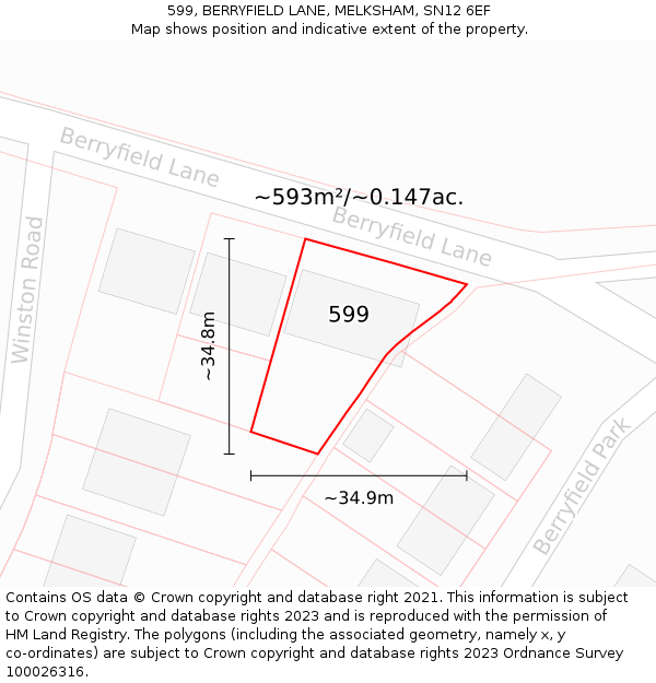 599, BERRYFIELD LANE, MELKSHAM, SN12 6EF: Plot and title map