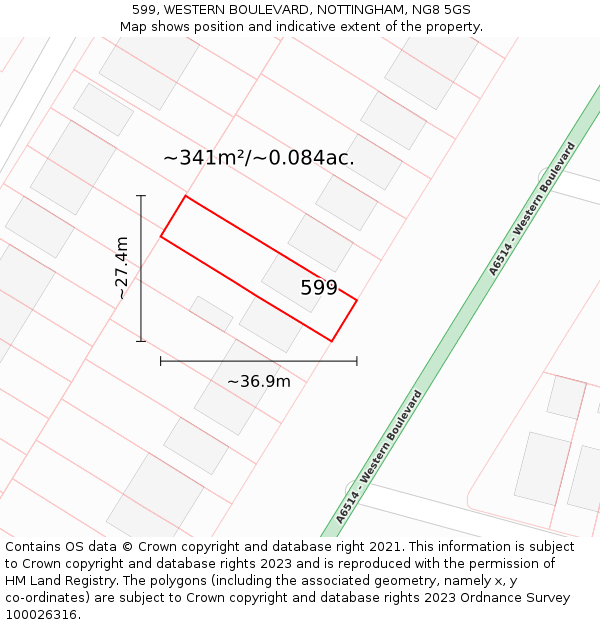 599, WESTERN BOULEVARD, NOTTINGHAM, NG8 5GS: Plot and title map