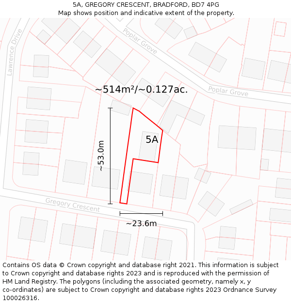 5A, GREGORY CRESCENT, BRADFORD, BD7 4PG: Plot and title map