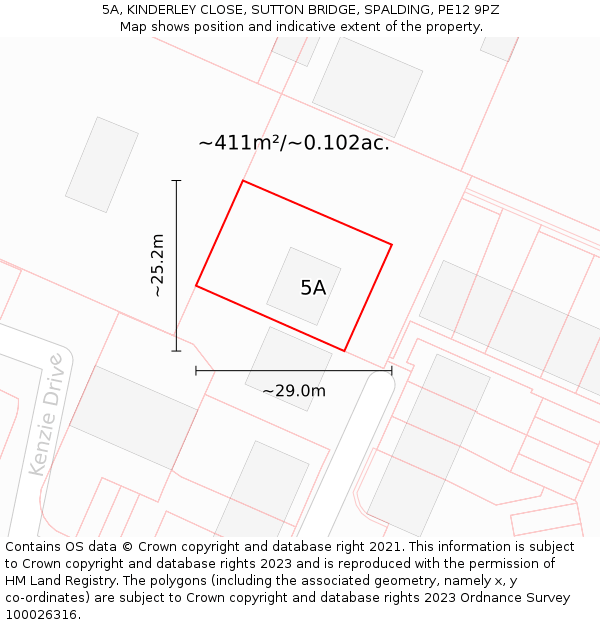 5A, KINDERLEY CLOSE, SUTTON BRIDGE, SPALDING, PE12 9PZ: Plot and title map