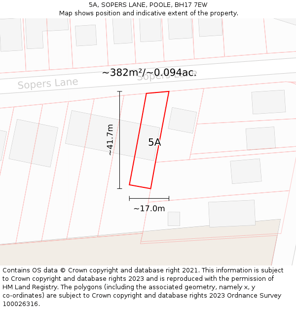 5A, SOPERS LANE, POOLE, BH17 7EW: Plot and title map