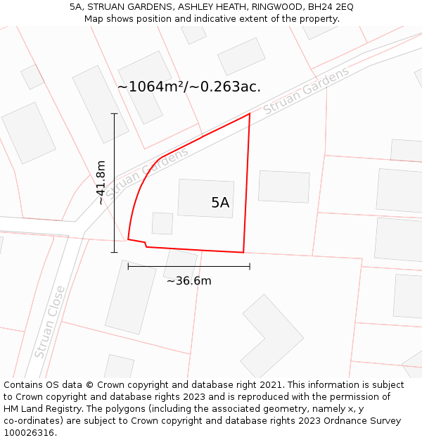 5A, STRUAN GARDENS, ASHLEY HEATH, RINGWOOD, BH24 2EQ: Plot and title map