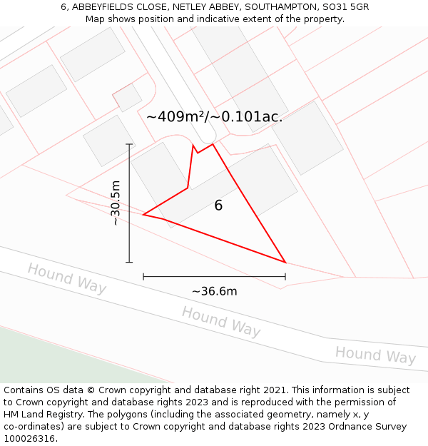 6, ABBEYFIELDS CLOSE, NETLEY ABBEY, SOUTHAMPTON, SO31 5GR: Plot and title map