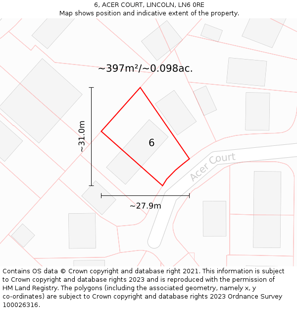 6, ACER COURT, LINCOLN, LN6 0RE: Plot and title map