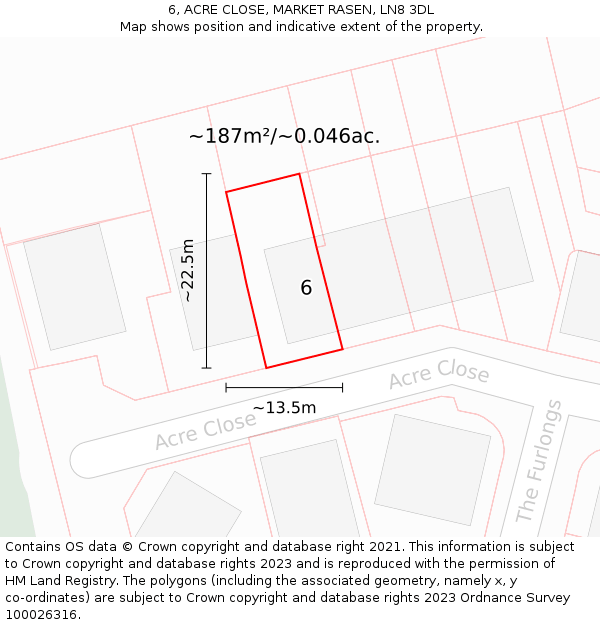 6, ACRE CLOSE, MARKET RASEN, LN8 3DL: Plot and title map