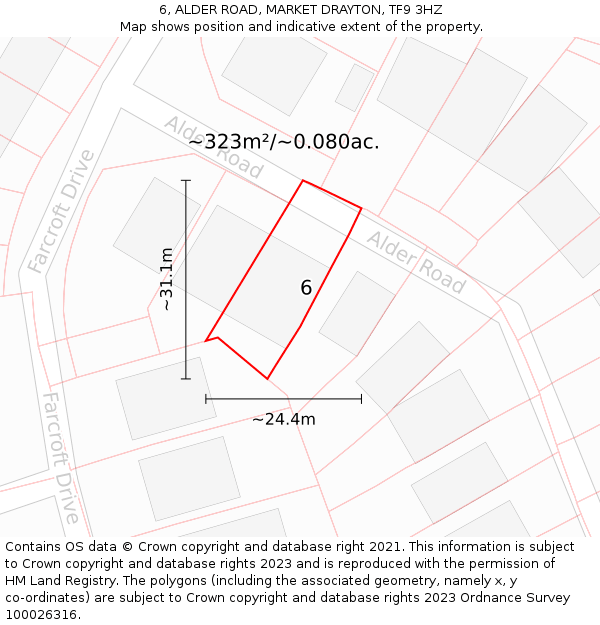 6, ALDER ROAD, MARKET DRAYTON, TF9 3HZ: Plot and title map