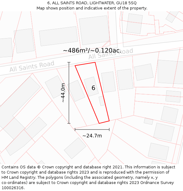 6, ALL SAINTS ROAD, LIGHTWATER, GU18 5SQ: Plot and title map