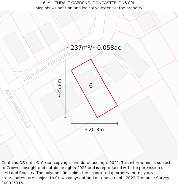 6, ALLENDALE GARDENS, DONCASTER, DN5 8BL: Plot and title map