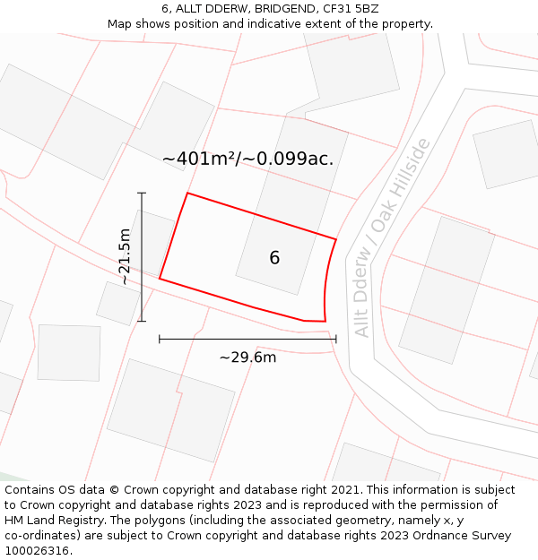 6, ALLT DDERW, BRIDGEND, CF31 5BZ: Plot and title map