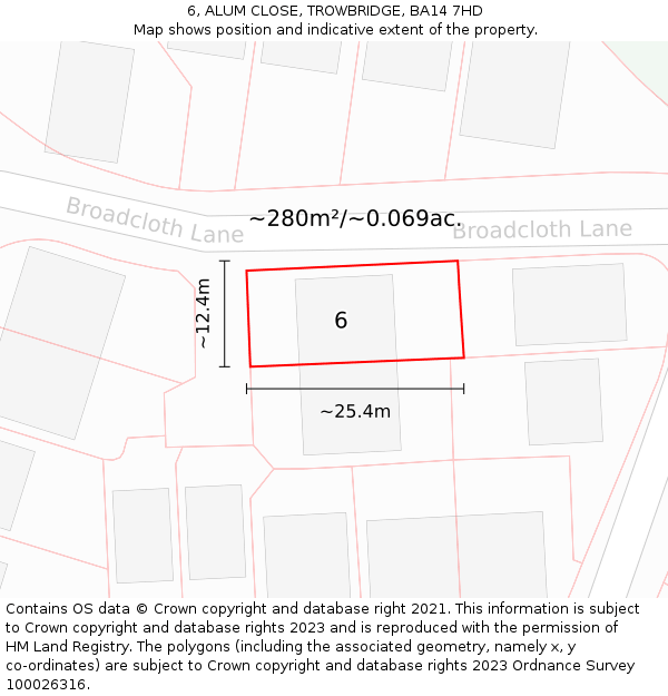 6, ALUM CLOSE, TROWBRIDGE, BA14 7HD: Plot and title map