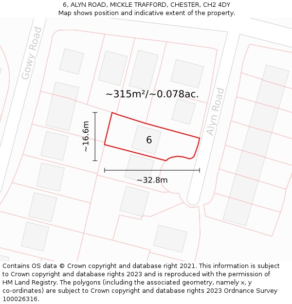 6, ALYN ROAD, MICKLE TRAFFORD, CHESTER, CH2 4DY: Plot and title map