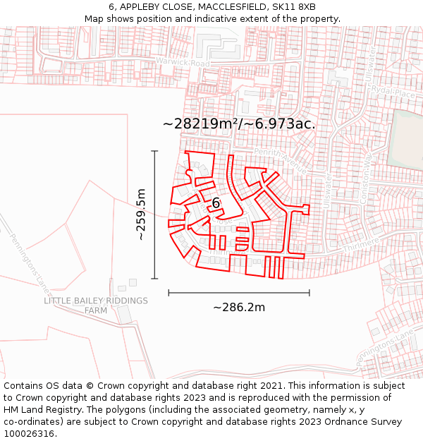 6, APPLEBY CLOSE, MACCLESFIELD, SK11 8XB: Plot and title map