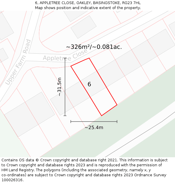 6, APPLETREE CLOSE, OAKLEY, BASINGSTOKE, RG23 7HL: Plot and title map