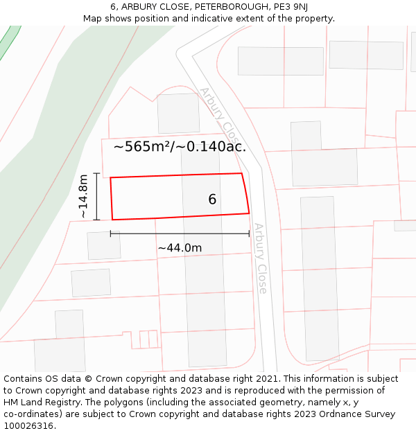 6, ARBURY CLOSE, PETERBOROUGH, PE3 9NJ: Plot and title map