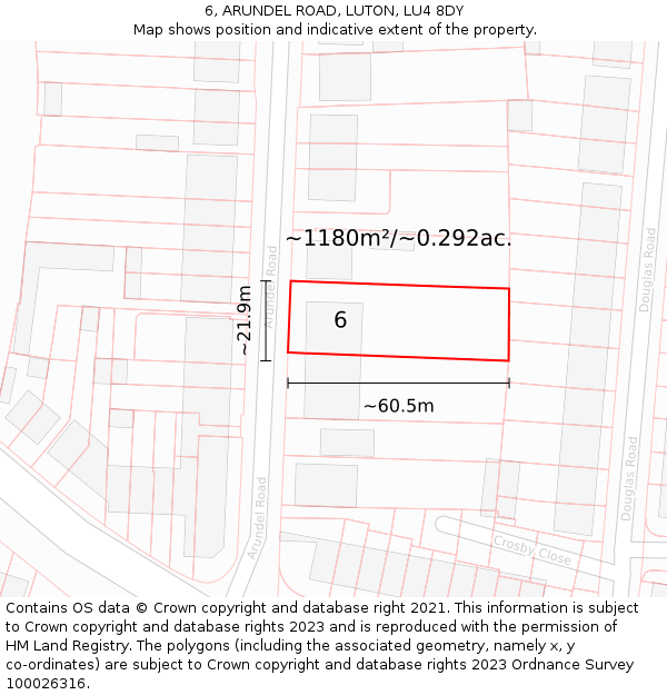 6, ARUNDEL ROAD, LUTON, LU4 8DY: Plot and title map