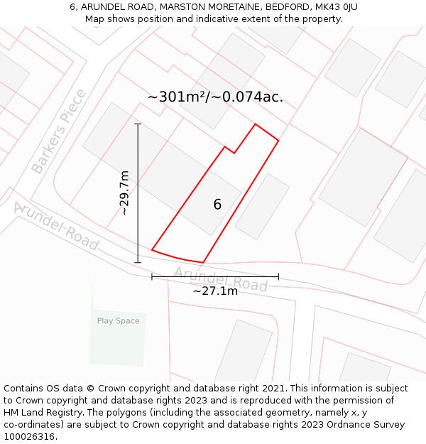 6, ARUNDEL ROAD, MARSTON MORETAINE, BEDFORD, MK43 0JU: Plot and title map