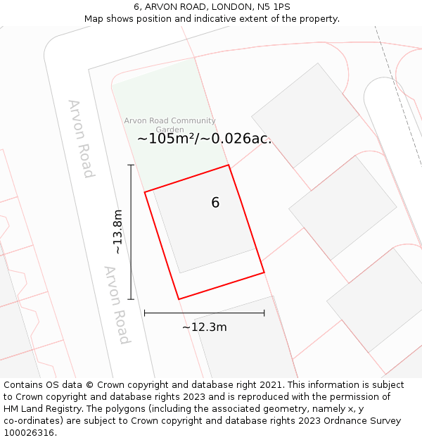 6, ARVON ROAD, LONDON, N5 1PS: Plot and title map