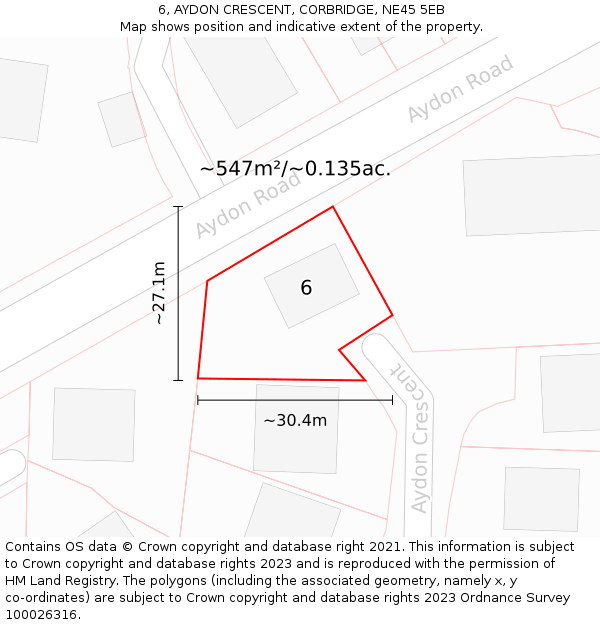 6, AYDON CRESCENT, CORBRIDGE, NE45 5EB: Plot and title map