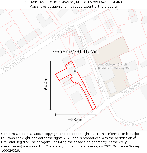 6, BACK LANE, LONG CLAWSON, MELTON MOWBRAY, LE14 4NA: Plot and title map