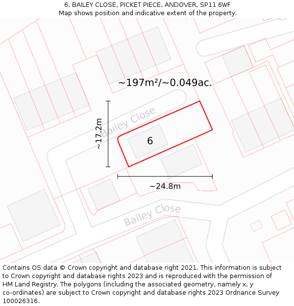 6, BAILEY CLOSE, PICKET PIECE, ANDOVER, SP11 6WF: Plot and title map