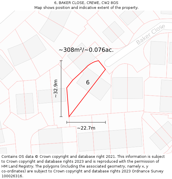 6, BAKER CLOSE, CREWE, CW2 8GS: Plot and title map