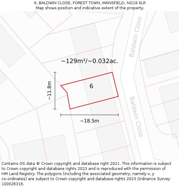 6, BALDWIN CLOSE, FOREST TOWN, MANSFIELD, NG19 0LR: Plot and title map