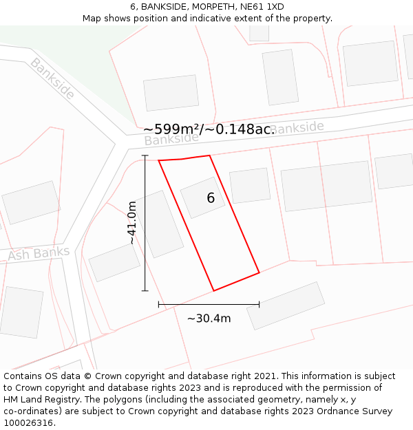 6, BANKSIDE, MORPETH, NE61 1XD: Plot and title map