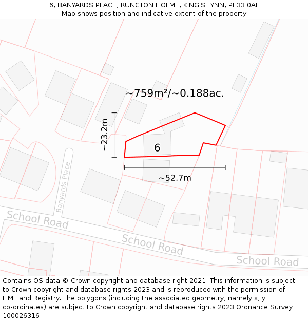 6, BANYARDS PLACE, RUNCTON HOLME, KING'S LYNN, PE33 0AL: Plot and title map