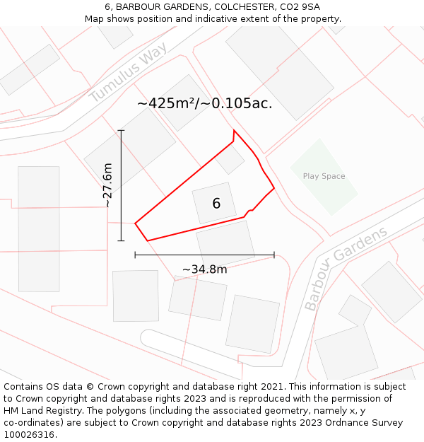 6, BARBOUR GARDENS, COLCHESTER, CO2 9SA: Plot and title map