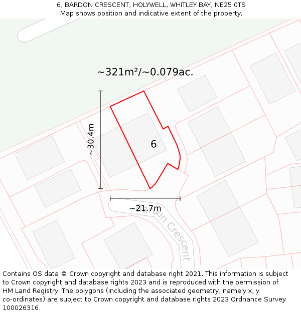 6, BARDON CRESCENT, HOLYWELL, WHITLEY BAY, NE25 0TS: Plot and title map