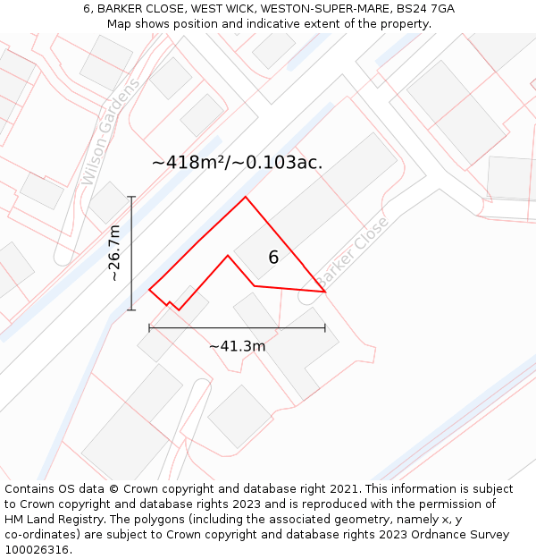 6, BARKER CLOSE, WEST WICK, WESTON-SUPER-MARE, BS24 7GA: Plot and title map