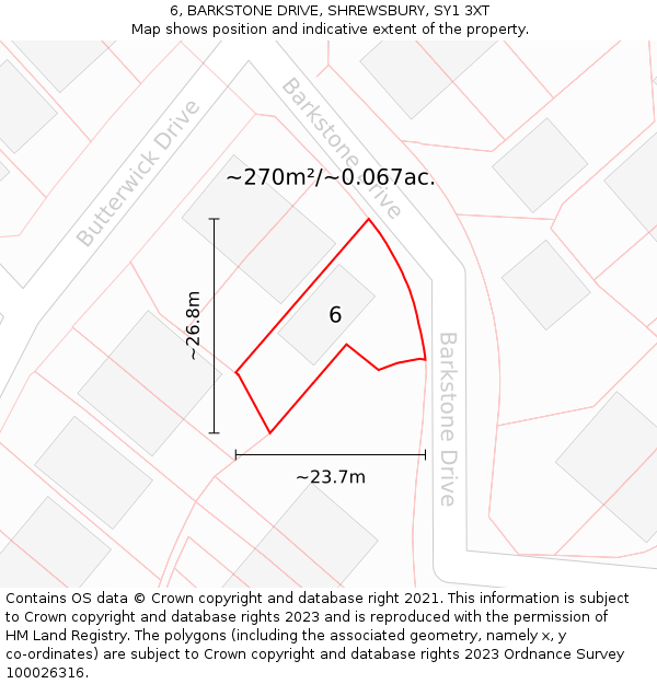 6, BARKSTONE DRIVE, SHREWSBURY, SY1 3XT: Plot and title map