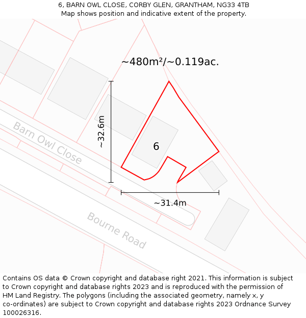 6, BARN OWL CLOSE, CORBY GLEN, GRANTHAM, NG33 4TB: Plot and title map