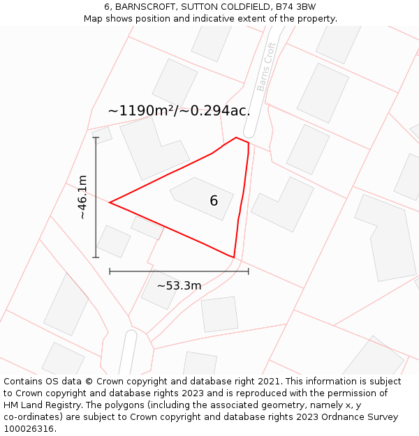 6, BARNSCROFT, SUTTON COLDFIELD, B74 3BW: Plot and title map