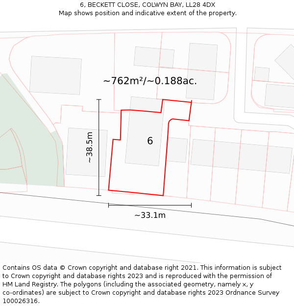 6, BECKETT CLOSE, COLWYN BAY, LL28 4DX: Plot and title map