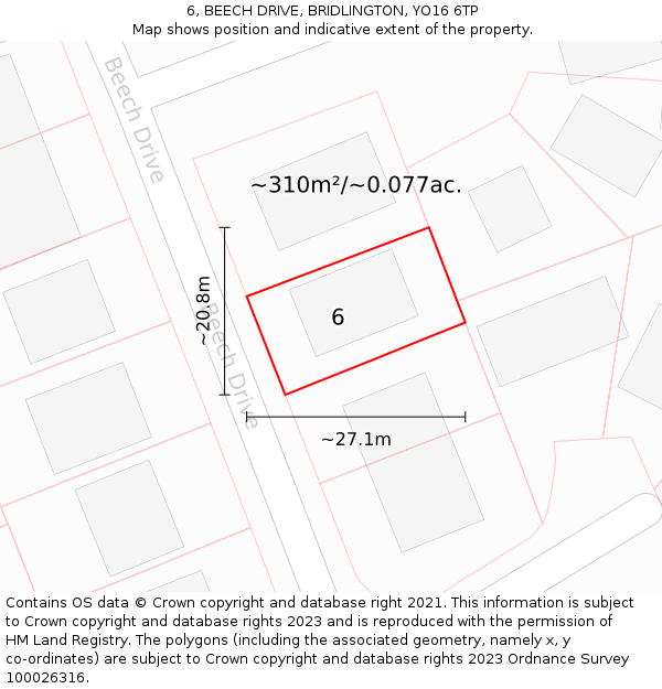 6, BEECH DRIVE, BRIDLINGTON, YO16 6TP: Plot and title map