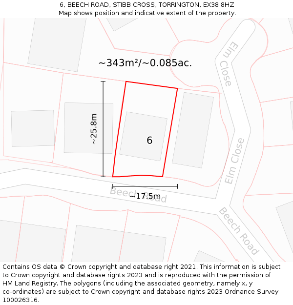 6, BEECH ROAD, STIBB CROSS, TORRINGTON, EX38 8HZ: Plot and title map