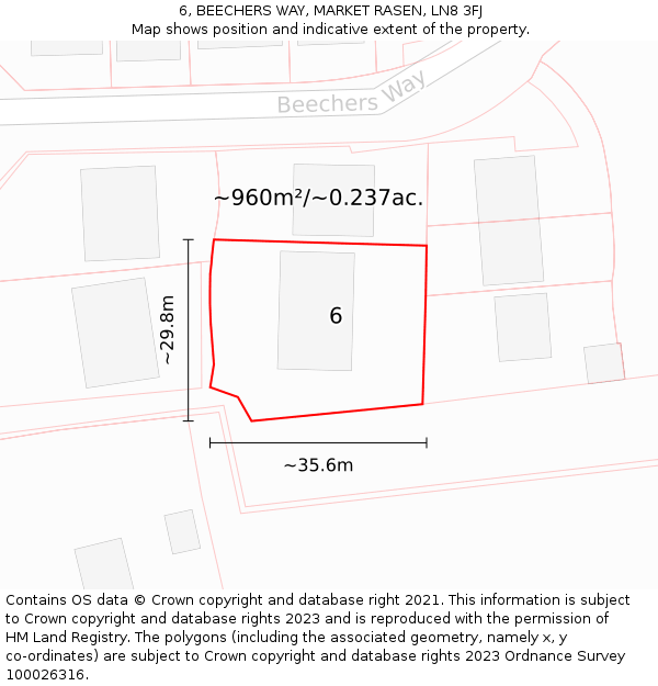 6, BEECHERS WAY, MARKET RASEN, LN8 3FJ: Plot and title map