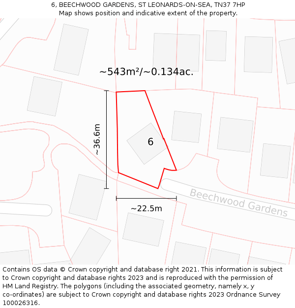 6, BEECHWOOD GARDENS, ST LEONARDS-ON-SEA, TN37 7HP: Plot and title map
