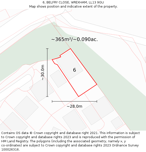 6, BELFRY CLOSE, WREXHAM, LL13 9GU: Plot and title map