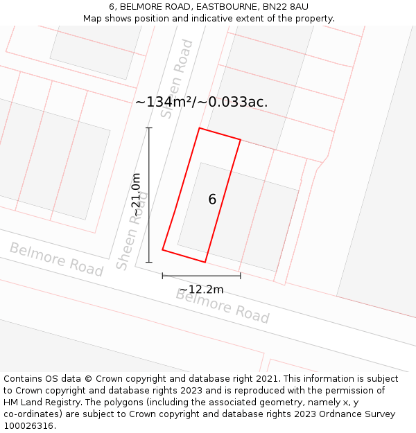 6, BELMORE ROAD, EASTBOURNE, BN22 8AU: Plot and title map