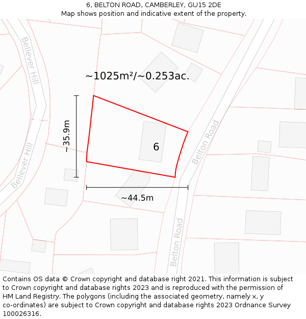 6, BELTON ROAD, CAMBERLEY, GU15 2DE: Plot and title map