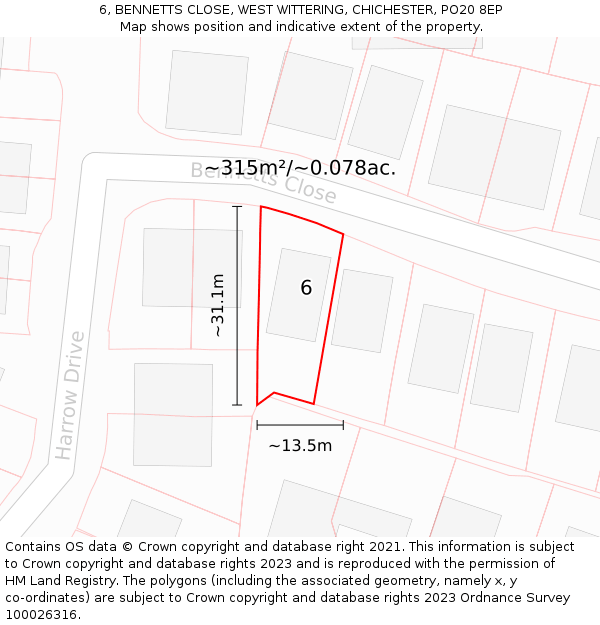 6, BENNETTS CLOSE, WEST WITTERING, CHICHESTER, PO20 8EP: Plot and title map