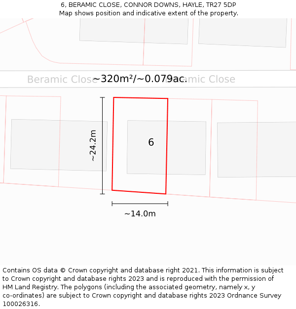 6, BERAMIC CLOSE, CONNOR DOWNS, HAYLE, TR27 5DP: Plot and title map