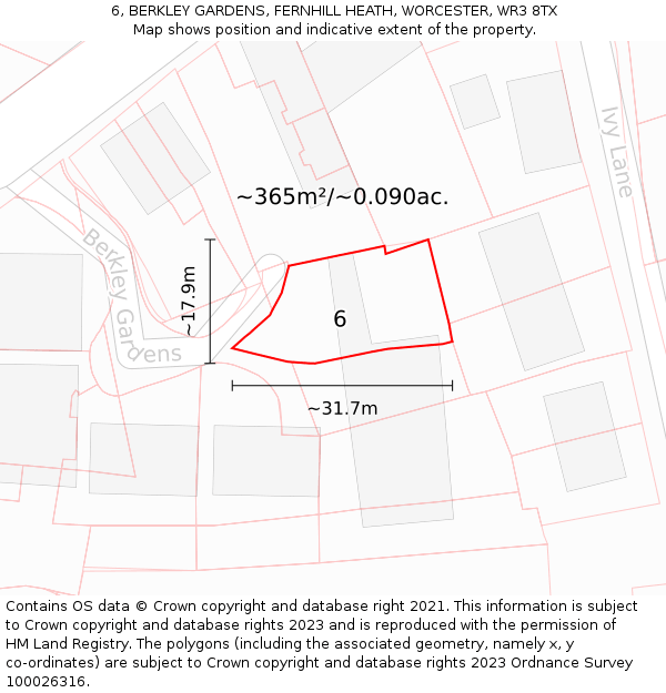 6, BERKLEY GARDENS, FERNHILL HEATH, WORCESTER, WR3 8TX: Plot and title map