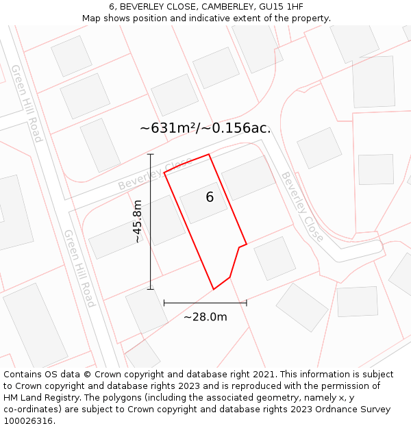 6, BEVERLEY CLOSE, CAMBERLEY, GU15 1HF: Plot and title map