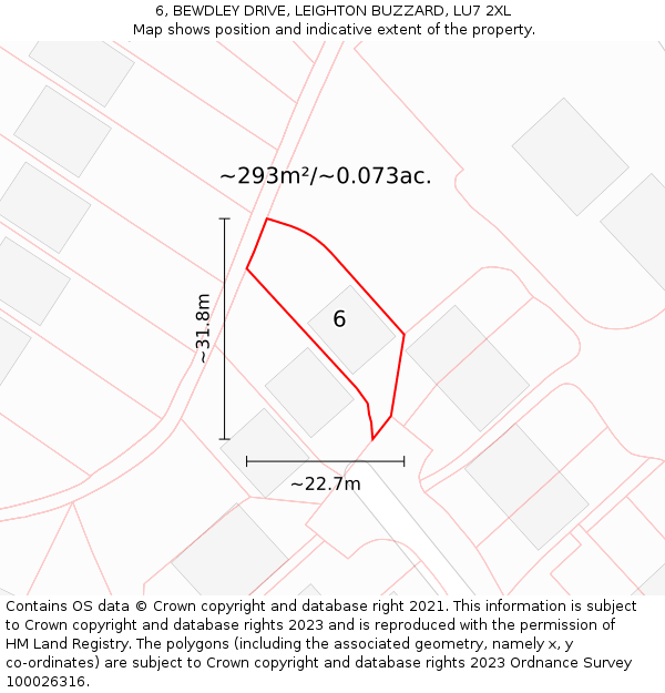 6, BEWDLEY DRIVE, LEIGHTON BUZZARD, LU7 2XL: Plot and title map