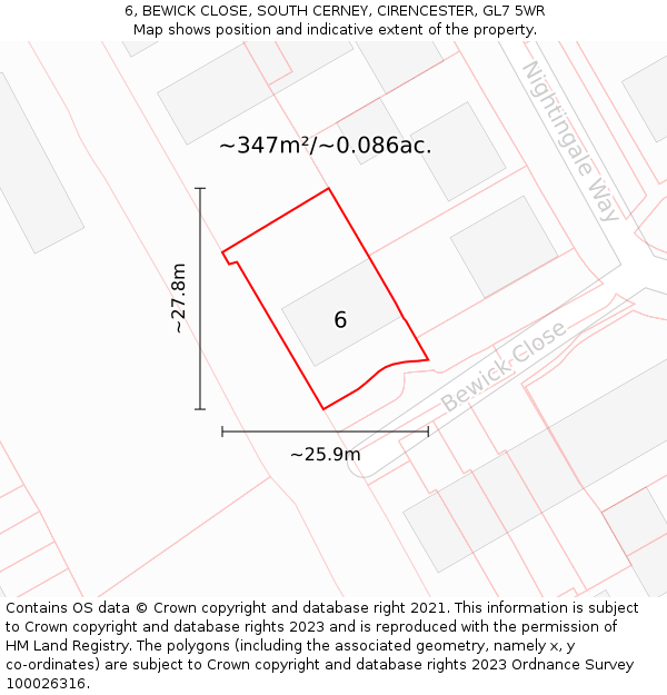 6, BEWICK CLOSE, SOUTH CERNEY, CIRENCESTER, GL7 5WR: Plot and title map